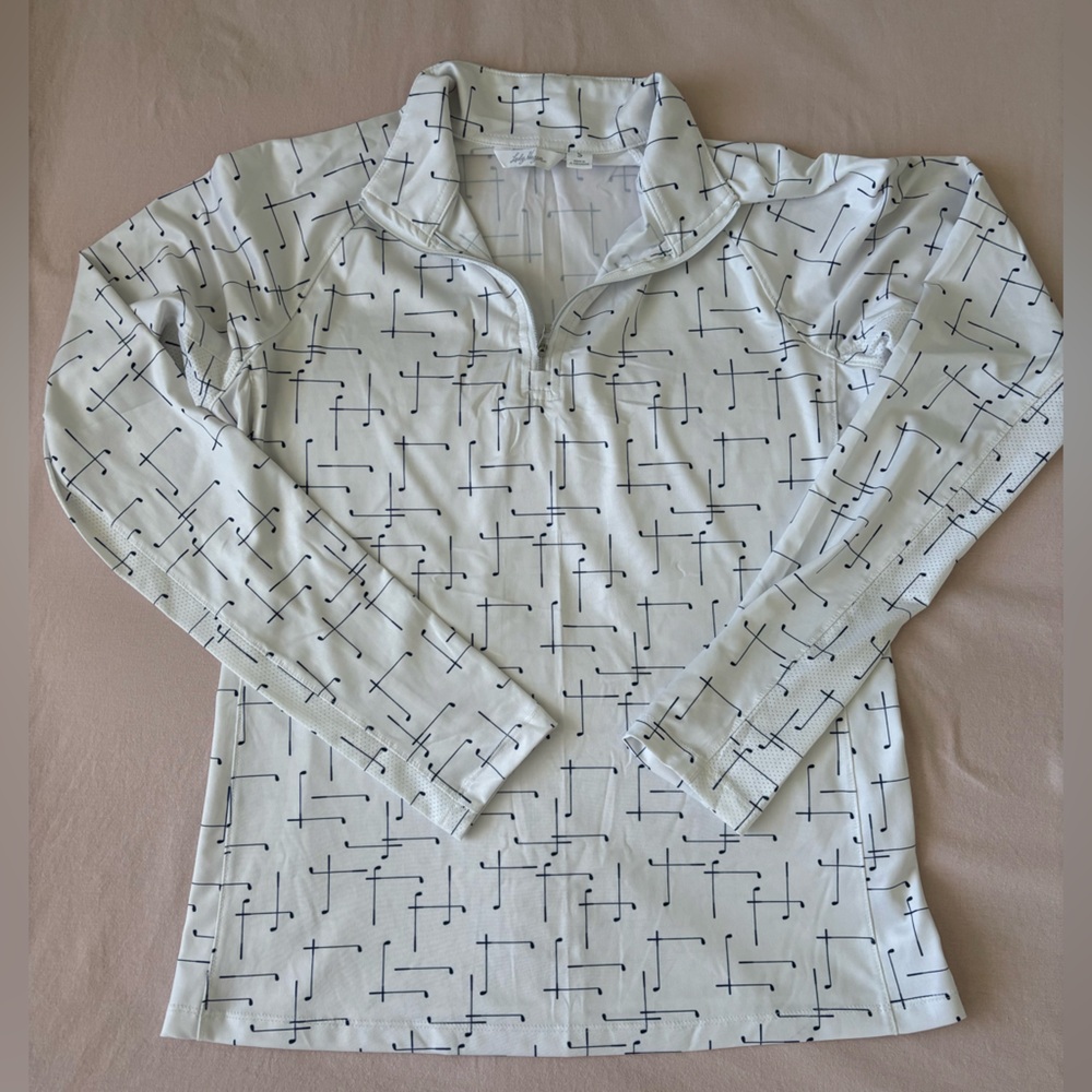 White and navy golf club patterned quarter zip golf pullover